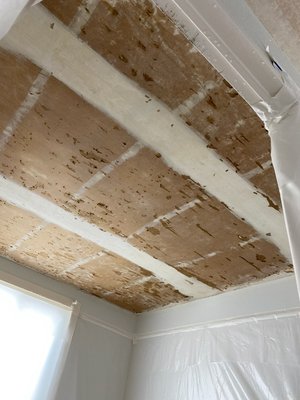  great turn out after a bad scrape  - Old, asbestos containing ceilings that had been painted, which tore up the sheet rock fairly well. This for a project turned out very nicely.  great turn out after a bad scrape  - Old, asbestos containing ceilings that had been painted, which tore up the sheet rock fairly well. This for a project turned out very nicely.