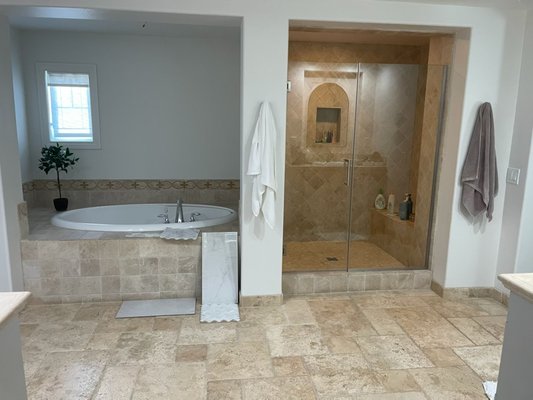 Bathroom remodel - So we removed all the old flooring and shower and then added new tile new shower, new vanity tops, new baseboards, and the whole project turned out really nice
