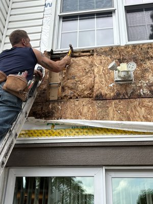 Found and repaired leak/water damage - We found the source of a water leak which was coming in from the upstairs window behind the siding. The water was leaking down to the sliding glass door and into the interior of the house. We found and repaired the source of leak and then repaired all damage. We put up new insulation, new tape, paper and new caulk. We treated for mold and any insects then painted and encapsulated what was necessary. Found and repaired leak/water damage - We found the source of a water leak which was coming in from the upstairs window behind the siding. The water was leaking down to the sliding glass door and into the interior of the house. We found and repaired the source of leak and then repaired all damage. We put up new insulation, new tape, paper and new caulk. We treated for mold and any insects then painted and encapsulated what was necessary.