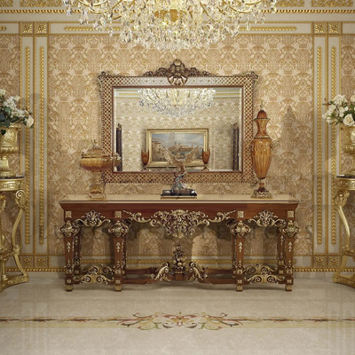 Custom Console Table Rococo Style with Gold Leaf - Indulge in opulence with our Custom Console Table in Rococo Style, adorned with Gold Leaf accents from the Mallery Hall Hardwood Collection. Hand-carved details, turned legs, and a decorative stretcher with a customizable urn accent exhibit timeless craftsmanship. Crafted from Solid Mahogany, shown in a Cherry Finish. Fully customizable for your needs, this heirloom-quality piece offers versatility for any room. Explore coordinating finishes and sizes within our occasional tables and chests. Special order with a 50% deposit, allowing customization in size. Contact us for design assistance and bring the charm of old-world style to your home.

Features:

• Mallery Hall Custom Hardwood Collection
• Solid Mahogany Hardwood
• Shown in Cherry Finish with Gold Leaf Accents
• Intricate Carvings, Turned Legs, Decorative Stretcher with Urn Accent (Customizable)
• SPECIAL ORDER 12-16 WEEKS, 50% deposit required to start production
• Specifications: 84L x 24W x 32H (Customizable)

SKU: MHC4500-3-1 Categories: Console Table, Console Tables, Console Tables, Victorian Classic

Contact us for a custom quote!