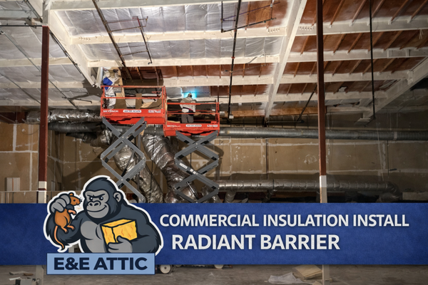 Commercial Insulation Install Radiant Barrier - This project was a commercial building that needed radiant barrier installed to reflect heat from the sun. Radiant barriers reflect up to 97% of radiant heat! Commercial Insulation Install Radiant Barrier - This project was a commercial building that needed radiant barrier installed to reflect heat from the sun. Radiant barriers reflect up to 97% of radiant heat!