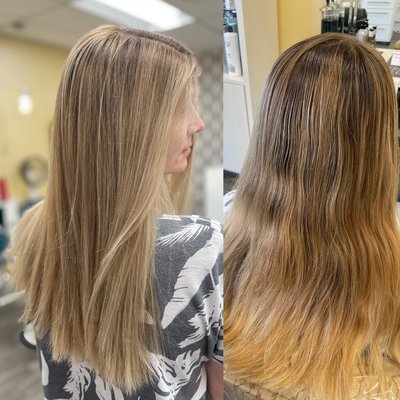Balayage - This wonderful client came in with a lot of regrowth and looking really brassy. I brought her blonde pieces up, brightened some that needed it and toned it all to a beautifully blonde. We finished with a haircut to clean everything up. Balayage - This wonderful client came in with a lot of regrowth and looking really brassy. I brought her blonde pieces up, brightened some that needed it and toned it all to a beautifully blonde. We finished with a haircut to clean everything up.