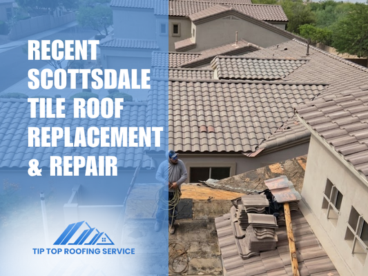 Modern Tile Roof Reset & Underlayment Replacement — Scottsdale, AZ - The Problem: Concrete roof tiles can easily last 50+ years, but the protective felt underlayment beneath them completely degrades in just 20 to 25 years. When your underlayment fails, water penetrates directly to the wood decking, leading to hidden dry rot and active indoor leaks.

The Solution: Our Tile Lift & Reset (R&R) service. This highly cost effective restoration saves your existing tiles while completely rebuilding your roof’s waterproofing system from the deck up.

What This Project Demonstrates
This photo gallery documents our step-by-step restoration process, proving our commitment to structural integrity and premium materials:

Systematic Tile Harvesting: We carefully lift, stack, and stage the original concrete tiles to preserve them for reinstallation, saving you thousands in unnecessary material costs.

Decking Reconstruction: We strip away the old, degraded felt to inspect the underlying wood structure. As shown in our project photos, we completely cut out sections with severe dry rot and install new, structurally sound OSB/plywood decking patches.

Premium Waterproofing Upgrade: We lay down self-adhered, high temperature Westlake Royal TileSeal™ HT underlayment the gold standard in leak barrier protection supplemented by brand new wooden batten strips.

Precision Tile Staging & Resetting: The original tiles are reinstalled in perfectly straight courses, complete with color matched plumbing vent pipes and professionally sealed valley flashings.

Technical Highlights
Underlayment: Westlake Royal TileSeal™ HT (High-Temp Self-Adhered Barrier)
Decking: Structural OSB/Plywood patches at rot zones
Components: New wooden battens, new valley metal, color-matched vent sealants
Result: A fully warrantied, leak-proof roof system utilizing your existing tiles

Don't replace your entire roof when a Tile Lift & Reset can restore it to like new condition for a fraction of the cost. Contact Tip Top Roofing Service today for a professional structural assessment.
