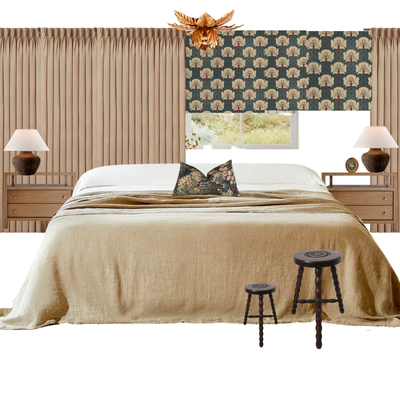 San Francisco bedrooms - This bedroom's off centered window made it challenging to design a visually balanced vignette. Wall to wall pinch pleat draperies broken up by the patterned roman shades create a sophisticated background for the minimalistic bedding. The vintage lighting pops against the fabrics and adds drama.