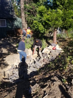 Tree Removal of 2 large trees in Lake Arrowhead - the oak, pictured on the left had a trunk diameter of about 4 feet long ways(it was more oval shaped due to the 4 main trunks) and the cedar had about 3 feet