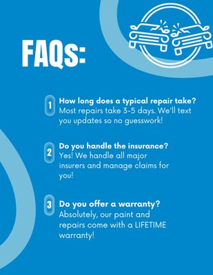 FAQ's & Referral Program - How long does a typical repair take?
Most repairs are completed in 3–5 business days, depending on the damage. We’ll keep you in the loop with text updates so you always know what’s happening.

Do you work with insurance companies?
Yes! We work with all major insurers and manage your claim from start to finish, so you don’t have to deal with the hassle.

Do you offer a warranty?
Absolutely. All of our paint and bodywork comes with a LIFETIME warranty—so you can drive away with confidence.

Are you locally owned?
We are! Color Wheel Collision is a family-owned, Mesa-based shop with over 20 years of experience. You’re never just a number here.