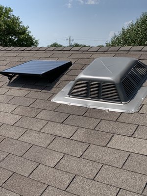 Attic Airflow - This build involved installing complete intake and exhaust.  Initial testing showed ineffective airflow through the attic.  Solar fans installed for exhaust, roof top intake installed for air intake.