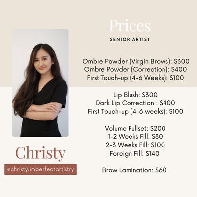 Christy (Senior Artist) - Christy has three years of lash experience, plus one year of ombre powder brows experience. See her full portfolio on instagram @christy.imperfectartistry Christy (Senior Artist) - Christy has three years of lash experience, plus one year of ombre powder brows experience. See her full portfolio on instagram @christy.imperfectartistry
