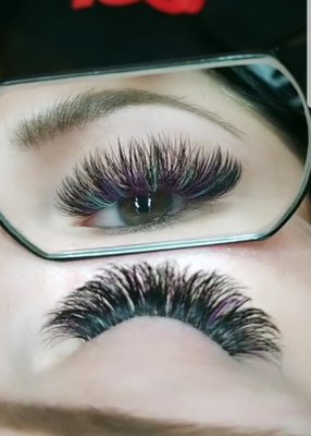 Color Lashes - Featuring a Mega Volume set with turquoise,  purple & pink lashes. Select 1 or 2 Color Lash Pop/Plus from the add on menu when booking.