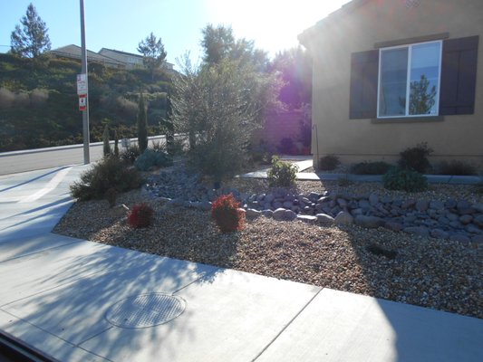 Dry river bed drought tolerant design - Here we have a dry river bed that is handsculpted, There is a drip system for the plants. Plant selection is done with the help of a plant specialist. Each plant has a "happy" place and water retention product. We also place a time released fertilzer tablet at the base. Dry river bed drought tolerant design - Here we have a dry river bed that is handsculpted, There is a drip system for the plants. Plant selection is done with the help of a plant specialist. Each plant has a "happy" place and water retention product. We also place a time released fertilzer tablet at the base.