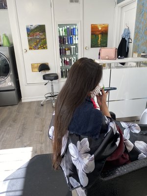 Long hair highlights - This client’s hair is very long and uneven porosity. Eufora coloring products maintain condition and add shine so I only had to trim off one inch. She was ecstatic!