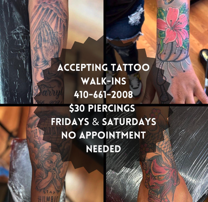 $30 Piercings Every Friday and Saturday! - Get your choice of select piercings for just $30—available all day, every Friday and Saturday. No appointment needed—walk-ins are always welcome! Our professional staff uses sterile, high-quality equipment to ensure your safety and comfort. Stop by and take advantage of this special, or call for details on available piercing options. $30 Piercings Every Friday and Saturday! - Get your choice of select piercings for just $30—available all day, every Friday and Saturday. No appointment needed—walk-ins are always welcome! Our professional staff uses sterile, high-quality equipment to ensure your safety and comfort. Stop by and take advantage of this special, or call for details on available piercing options.
