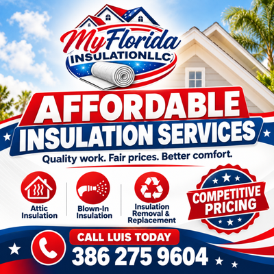 Affordable Insulation Services for the Community - My Florida Insulation offers competitive pricing on professional insulation services for both residential and commercial properties across Central Florida. With 29 years of experience, our certified team installs spray foam, batt, roll, blown-in, and rigid board insulation to improve energy efficiency and lower utility bills. We also handle insulation removal, replacement, and damage restoration. Serving DeLand, Volusia County, Lake County, Clermont, Orlando, and Melbourne. Get quality for less, request a quote today! Affordable Insulation Services for the Community - My Florida Insulation offers competitive pricing on professional insulation services for both residential and commercial properties across Central Florida. With 29 years of experience, our certified team installs spray foam, batt, roll, blown-in, and rigid board insulation to improve energy efficiency and lower utility bills. We also handle insulation removal, replacement, and damage restoration. Serving DeLand, Volusia County, Lake County, Clermont, Orlando, and Melbourne. Get quality for less, request a quote today!