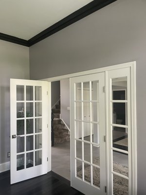 Office, french doors, and stairwell in Pendleton, NY - Office and stairwell project in Pendalton, NY. Love the way black crown molding in the office really makes the wall pop and the pure white on the french doors against the grey walls. Had a great time in this project for Janet Werthman Sylvies, with plenty of coffee and even more conversations ☺️remember to reach out for any painting or lawn service needs Good Neighbors Painting and Lawn Care Office, french doors, and stairwell in Pendleton, NY - Office and stairwell project in Pendalton, NY. Love the way black crown molding in the office really makes the wall pop and the pure white on the french doors against the grey walls. Had a great time in this project for Janet Werthman Sylvies, with plenty of coffee and even more conversations ☺️remember to reach out for any painting or lawn service needs Good Neighbors Painting and Lawn Care