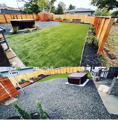 Backyard xeriscape/ Artificial turf Installation - This was a new build in the Denver area. The client wanted a backyard that requires minimal to no maintenance. We provided them a large open space and the contrast between the materials we selected blends seamlessly offering a luxury and high end outdoor living space. Backyard xeriscape/ Artificial turf Installation - This was a new build in the Denver area. The client wanted a backyard that requires minimal to no maintenance. We provided them a large open space and the contrast between the materials we selected blends seamlessly offering a luxury and high end outdoor living space.