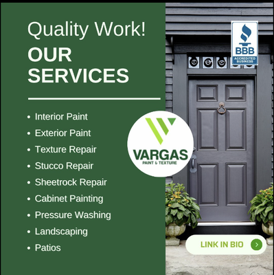 We Provide Quality Work - Welcome to Vargas Paint & Texture, your trusted partner in home renovation for over 27 years. As a top-rated painting company, we take immense pride in our commitment to making customers happy. Our mission is simple: to deliver high-quality work that exceeds your expectations, all while maintaining affordability.
We’re Committed to Excellence: Quality Products, Transparent Quotes, and Respect for Your Space. We Provide Quality Work - Welcome to Vargas Paint & Texture, your trusted partner in home renovation for over 27 years. As a top-rated painting company, we take immense pride in our commitment to making customers happy. Our mission is simple: to deliver high-quality work that exceeds your expectations, all while maintaining affordability.
We’re Committed to Excellence: Quality Products, Transparent Quotes, and Respect for Your Space.
