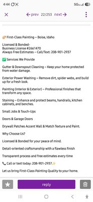 A company I recommend. - First-Class Painting
Licensed & Bonded — Business License #2661470
Always FREE Estimates
📞 Call/Text: 208-901-2937
✅ Services We Provide
Gutter & downspout cleaning
Exterior power washing
Interior & exterior painting
Staining
Small jobs & paint touch-ups
Doors & garage doors
Drywall patches
Accent walls
Texture matching & painting
Why Choose First-Class Painting?
Licensed & bonded for peace of mind, detail-focused workmanship, transparent pricing, and free estimates.
📞 Call or text today: 208-901-2937
First-Class Painting — quality work for your home, inside and out. A company I recommend. - First-Class Painting
Licensed & Bonded — Business License #2661470
Always FREE Estimates
📞 Call/Text: 208-901-2937
✅ Services We Provide
Gutter & downspout cleaning
Exterior power washing
Interior & exterior painting
Staining
Small jobs & paint touch-ups
Doors & garage doors
Drywall patches
Accent walls
Texture matching & painting
Why Choose First-Class Painting?
Licensed & bonded for peace of mind, detail-focused workmanship, transparent pricing, and free estimates.
📞 Call or text today: 208-901-2937
First-Class Painting — quality work for your home, inside and out.