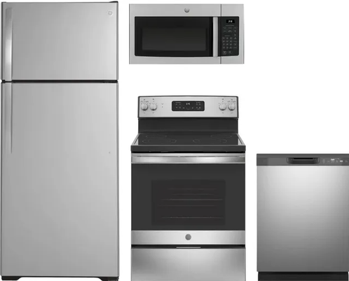 GE® 4 Piece Stainless Steel Kitchen Package - GE® 4 Piece Stainless Steel Kitchen Package with Top-Freezer Refrigerator, Freestanding Electric Range, Built-In Dishwasher, and Over The Range Microwave