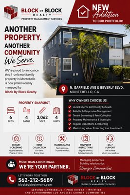 Full Property Management Services - Just $99/mo. Month to Month Options. Call now - Own a rental property and tired of expensive management fees and surprise charges?
At Block By Block Realty, we provide professional property management for single-family homes, condos, townhomes, ADUs, duplexes, and multi-family properties throughout Los Angeles County and surrounding communities. Full Property Management Services - Just $99/mo. Month to Month Options. Call now - Own a rental property and tired of expensive management fees and surprise charges?
At Block By Block Realty, we provide professional property management for single-family homes, condos, townhomes, ADUs, duplexes, and multi-family properties throughout Los Angeles County and surrounding communities.
