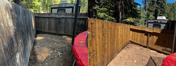 Tahoe Vista fence cleaning - We were proud to WOW our clients with this wooden fence rejuvenation. Saving them thousands compared to the rebuild costs on this 300 foot long fence! Tahoe Vista fence cleaning - We were proud to WOW our clients with this wooden fence rejuvenation. Saving them thousands compared to the rebuild costs on this 300 foot long fence!