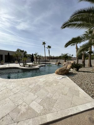 Monthly Maintenance - Weekly servicing.
Chemicals included.
Thoroughly brush the steps, benches, tile line, and walls.
Pool vacs and in-floor pop-ups are inspected to make sure they are operating optimally.
Pool water is tested.
Chlorine is added and PH is balanced.
Chlorine tablets are added weekly. 
Pump lid O-ring is inspected and lubed as needed.
Pool Equipment is monitored for optimal performance.
Pump, skimmer baskets, and leaf canister bags for cleaning systems are emptied.
Filters are regularly checked.

Book your monthly maintenance with us! Easy, convenient, and hassle free!
