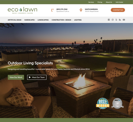 Ecolawn SB (Santa Barbara, CA) - After speaking with Chloe at EcoLawn SB, it was apparent that they needed to find a balance of visuals and content. The challenge for many clients is that they do not have a tremendous amount of content to highlight on their website. The website they had done was very media based but it didn't feel professional, nor did it load quickly as the photos were not optimized for web usage.
Therefore, I came up with this custom design to highlight their focal points... high quality visuals for their projects, the types of projects and services they do, while also showing structuring an easy to read "info center" of knowledge. Ecolawn SB (Santa Barbara, CA) - After speaking with Chloe at EcoLawn SB, it was apparent that they needed to find a balance of visuals and content. The challenge for many clients is that they do not have a tremendous amount of content to highlight on their website. The website they had done was very media based but it didn't feel professional, nor did it load quickly as the photos were not optimized for web usage.
Therefore, I came up with this custom design to highlight their focal points... high quality visuals for their projects, the types of projects and services they do, while also showing structuring an easy to read "info center" of knowledge.
