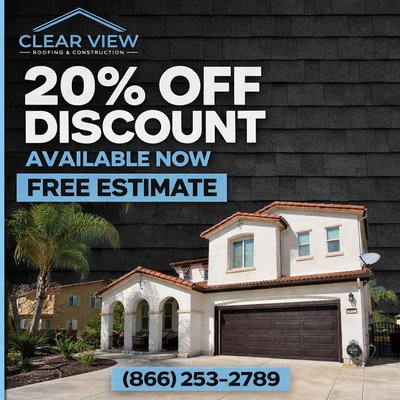 20% Discount Available! - Take advantage of our limited time 20% discount on your roofing project. Clear View Roofing & Construction delivers quality workmanship, trusted service, and reliable results at a better value. Do not miss this opportunity to upgrade your roof while saving. Contact our team today for your free estimate and secure your savings. 20% Discount Available! - Take advantage of our limited time 20% discount on your roofing project. Clear View Roofing & Construction delivers quality workmanship, trusted service, and reliable results at a better value. Do not miss this opportunity to upgrade your roof while saving. Contact our team today for your free estimate and secure your savings.