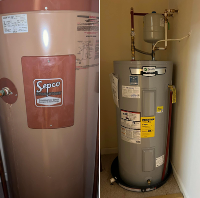 Water Heater Installation/Removal - This customer had a leaking 30 year old 80 gallon water heater. Fortunately for them, it was discovered before any damage was made to the subflooring. We removed the heater carefully and replaced with a new 50 gallon heater and added a tank booster to provide additional water capacity. The tank booster allows a 50 gallon water heater to provide up to 75 gallons of hot water, saving cost on buying a 80 gallon heater. Please check on your water heater and let us know if you have concerns. Heater maintenance is important to have a long running and top performing water heater. Call anytime, 910-329-0391!