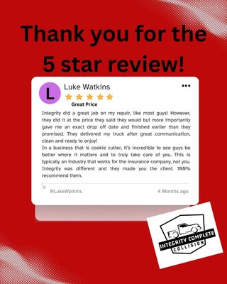 5 Star Client Testimonials - At Integrity Complete Collision, we deliver high-quality auto body & collision repair with integrity, precision, & transparency. Serving Northern Utah, we repair cars, trucks, SUVs, fleet & work vehicles. Our OEM-certified & I-CAR-trained techs use advanced tools for structural repairs, frame straightening, paint matching, & ADAS calibration. We work with all major insurers & provide clear communication, accurate estimates, & a lifetime warranty. Services include cosmetic & structural repairs, bumpers, paint, paintless dent removal, glass replacement, diagnostics, full mechanical work, towing, & detailing. Free estimates: walk in, call 435-339-2020, or upload photos. We use OEM parts when possible, offer digital paint matching, & explain your options. All makes & models welcome, including commercial fleets. Choose your own shop—we work for you, not your insurer. Trust us for certified expertise, advanced tech, & safe, reliable repairs. 5 Star Client Testimonials - At Integrity Complete Collision, we deliver high-quality auto body & collision repair with integrity, precision, & transparency. Serving Northern Utah, we repair cars, trucks, SUVs, fleet & work vehicles. Our OEM-certified & I-CAR-trained techs use advanced tools for structural repairs, frame straightening, paint matching, & ADAS calibration. We work with all major insurers & provide clear communication, accurate estimates, & a lifetime warranty. Services include cosmetic & structural repairs, bumpers, paint, paintless dent removal, glass replacement, diagnostics, full mechanical work, towing, & detailing. Free estimates: walk in, call 435-339-2020, or upload photos. We use OEM parts when possible, offer digital paint matching, & explain your options. All makes & models welcome, including commercial fleets. Choose your own shop—we work for you, not your insurer. Trust us for certified expertise, advanced tech, & safe, reliable repairs.