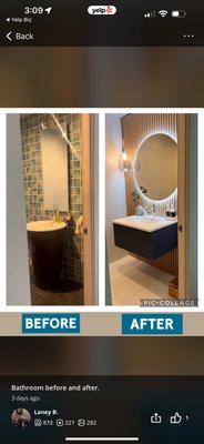 Bathroom remodeling: - 1) Replacing tiles on the floor,

2) electrical work: laid the wires for a new switch, lamp and socket and installed them.

3) install a decorative wall.

4) installed a new vanity, (installed an additional frame in the wall for it)

5. Installed a smart toilet.