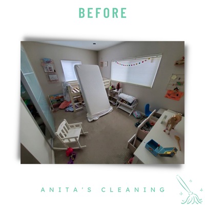 Home Cleaning Girl's Bedroom - Before and after pictures of a girl's bedroom. Service included: general straightening up, dust baseboards, pictures, lampshades, knick-knacks, beds and and linen changed, complete vacuuming, and garbage removed.