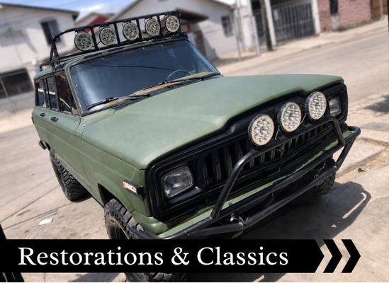 Restorations & Classics - This is the work we love most. Full restorations and classic builds where the goal is not just to repair the car, it is to make it look better than the day it left the factory. From a 1984 Wagoneer to modern exotics, we handle frame, body, blocking, and paint under one roof. These projects take time and they are not cheap, and the owners who bring them to us already know great work is worth it.
