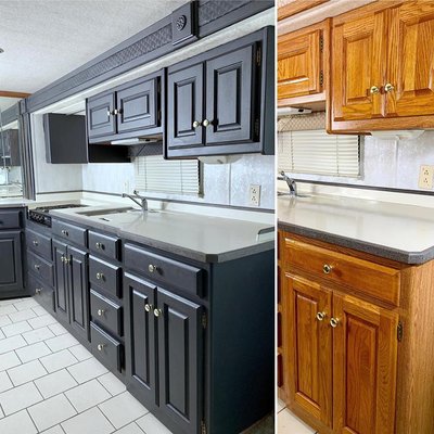 Cabinet refinishing - The project was done in an old stained cabinets, in a 30 ft Rv. the customer really wanted to replace the cabinets for new ones, but the price for that was 4 times more than refinishing it. And we do not disappointed, we made him very happy with the results and also good savings for him.