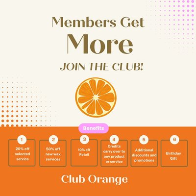 Join Club Orange - Are you maximizing your experience at Waxing the City, or are you looking for MORE?!? 💵🌟
Join our Club Orange program to get the most out of your services! Not only do we offer memberships for our waxing services, but we also offer options for Lash Lifts, Brow Lamination, Brow Tint, and Bryght treatments! 🌟
Sign up online or next time you are in the studio! 🎉 Join Club Orange - Are you maximizing your experience at Waxing the City, or are you looking for MORE?!? 💵🌟
Join our Club Orange program to get the most out of your services! Not only do we offer memberships for our waxing services, but we also offer options for Lash Lifts, Brow Lamination, Brow Tint, and Bryght treatments! 🌟
Sign up online or next time you are in the studio! 🎉