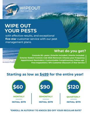 Maintenance Plan Overview - Our maintenance plans are designed to keep your home or business pest-free year-round—with effective treatments, flexible scheduling, and five-star customer service. Choose the frequency that fits your needs—monthly, bi-monthly, or quarterly—and enjoy comprehensive coverage for over 50 pests, including interior treatments, exterior rodent control, cobweb removal, and free follow-up visits. We also offer appointment reminders, customizable plans, and 10% off specialty services like mosquito or termite control. Plans start as low as $499/year, with additional savings for autopay enrollment! Maintenance Plan Overview - Our maintenance plans are designed to keep your home or business pest-free year-round—with effective treatments, flexible scheduling, and five-star customer service. Choose the frequency that fits your needs—monthly, bi-monthly, or quarterly—and enjoy comprehensive coverage for over 50 pests, including interior treatments, exterior rodent control, cobweb removal, and free follow-up visits. We also offer appointment reminders, customizable plans, and 10% off specialty services like mosquito or termite control. Plans start as low as $499/year, with additional savings for autopay enrollment!