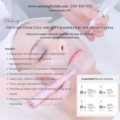Oxygen Stem Cell Micro-channeling Infusion Facial - Advanced oxygen-infused stem cell therapy for radiant, renewed, deeply nourished skin.
A customized, high-performance facial that combines Oxygenceuticals' Ceutisome Fusion Shot with gentle micro-channeling to deliver oxygen, stem cell nutrients, peptides, and active ingredients deep into the skin—without discomfort or downtime. Each treatment is tailored with a targeted ampoule + booster cocktail to address hydration, pigmentation, acne sensitivity, or aging concerns. Oxygen Stem Cell Micro-channeling Infusion Facial - Advanced oxygen-infused stem cell therapy for radiant, renewed, deeply nourished skin.
A customized, high-performance facial that combines Oxygenceuticals' Ceutisome Fusion Shot with gentle micro-channeling to deliver oxygen, stem cell nutrients, peptides, and active ingredients deep into the skin—without discomfort or downtime. Each treatment is tailored with a targeted ampoule + booster cocktail to address hydration, pigmentation, acne sensitivity, or aging concerns.