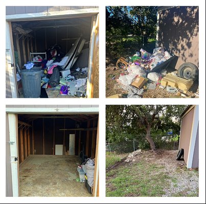 Shed Cleanout - Shed needed to be cleaned out by next day. Trash was disposed and clothing, toys and tools that could be donated were donated to women’s shelter In Guadalupe Co. Shed Cleanout - Shed needed to be cleaned out by next day. Trash was disposed and clothing, toys and tools that could be donated were donated to women’s shelter In Guadalupe Co.