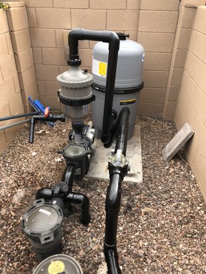Installation of a Pre filter, filter housing and new pipeline. - Customer needed a new filter, filter housing and pipeline. Also added a pre filter over the pump that catches a majority of the debris before going into your filter. This extends the life of your filter, saves you money on water and save you money on filter cleanings because you only need one per year. Installation of a Pre filter, filter housing and new pipeline. - Customer needed a new filter, filter housing and pipeline. Also added a pre filter over the pump that catches a majority of the debris before going into your filter. This extends the life of your filter, saves you money on water and save you money on filter cleanings because you only need one per year.