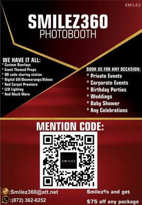 Smilez360 Flyer - Posting our latest Flyer which features the NEW ROAMING PHOTOBOOTH! Call us to book for the holidays :)