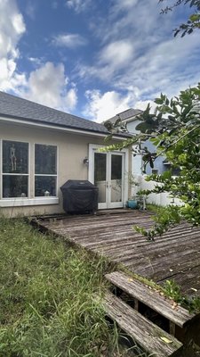 Deck Removal - We removed an old wooden deck for this customer. We handle the tear down, debris removal, and clean up, completing the job efficiently and safely. Deck Removal - We removed an old wooden deck for this customer. We handle the tear down, debris removal, and clean up, completing the job efficiently and safely.