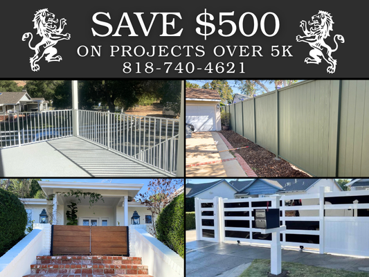 Save Big on Custom Fences and Gates! - New Client Special! First time working with us? Get $500 off any project over $5,000, or enjoy 10% off projects under $5,000. From secure privacy fences to custom-designed gates, manual or automatic, deliver expert craftsmanship that enhances both function and curb appeal. Reach out today to schedule your free estimate and take advantage of this limited-time offer.