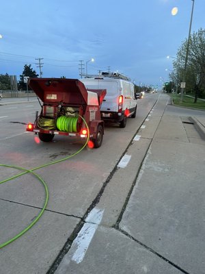 Hydro jetting service - This service was performed in order to clear a clogged 10” sewer line. A special root cutter was attached to the hydro jetter in order clear the line. Hydro jetting service - This service was performed in order to clear a clogged 10” sewer line. A special root cutter was attached to the hydro jetter in order clear the line.