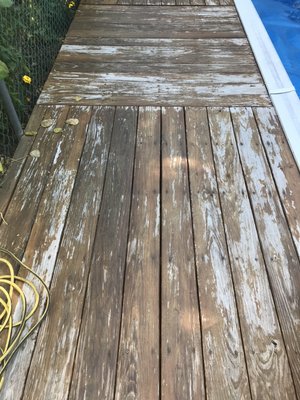 16x32 pool deck. Sanded and re stained. - This job was done for a very nice and sweet couple in wappingers. They wanted their pool deck sanded and re stained. It took us 3 days to complete the job.