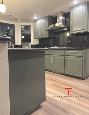 Kitchen Cabinet and Bathroom Vanities - This project entailed a thorough makeover of a residence via detailed interior painting. We painted all walls and ceilings with Sherwin-Williams Greek Villa SW 7551 and refinished the kitchen cabinets and bathroom vanities in Pewter Green SW 6208. For an enhanced outcome, we used Renner 765 Superhang 2k, ensuring durability and a high-quality finish.