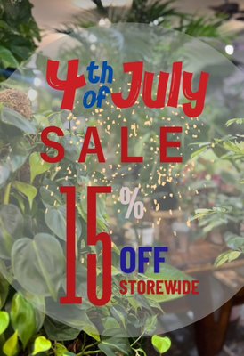 Independence Week SALE! - 🇺🇸 Independence Day Sale Alert! 🇺🇸
Get ready to celebrate the 4th of July with 15% OFF everything in store! 🌿✨
🗓️ Sale Dates:
📅 July 4th: 10 AM - 5 PM
📅 July 5th - 7th: Regular hours
💥 Bonus: Don’t forget to ask us how to get an additional 10% OFF your purchase!
Now’s the perfect time to bring home LUSH, oxygen-boosting PLANTITAS and enjoy the benefits of fresh air. 🏡
Hurry in – these deals and fun won’t last Independence Week SALE! - 🇺🇸 Independence Day Sale Alert! 🇺🇸
Get ready to celebrate the 4th of July with 15% OFF everything in store! 🌿✨
🗓️ Sale Dates:
📅 July 4th: 10 AM - 5 PM
📅 July 5th - 7th: Regular hours
💥 Bonus: Don’t forget to ask us how to get an additional 10% OFF your purchase!
Now’s the perfect time to bring home LUSH, oxygen-boosting PLANTITAS and enjoy the benefits of fresh air. 🏡
Hurry in – these deals and fun won’t last