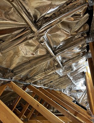 Radiant Barrier - Wrap Application - Customer preferred wrapping radiant barrier material around rafters and roof deck (complex application, done with deep attention to detail. Radiant Barrier - Wrap Application - Customer preferred wrapping radiant barrier material around rafters and roof deck (complex application, done with deep attention to detail.