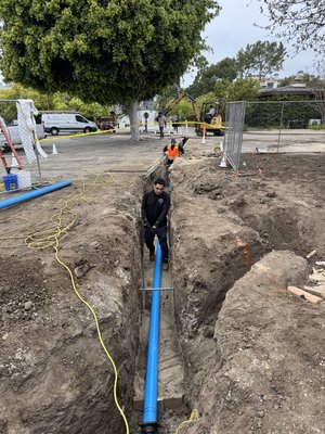 Underground Work - In this project, the client was adding a new building to a large campus. We tapped into the existing 8 inch main line and ran over 200 lineal feet of 6 inch line to service the new building.  Underground Work - In this project, the client was adding a new building to a large campus. We tapped into the existing 8 inch main line and ran over 200 lineal feet of 6 inch line to service the new building. 