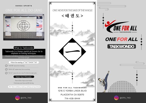 One For All "I Promise to always show you my best" - ONE FOR ALL means one (Master Roy) moves for all (everyone). He is committed to always give his best for all of you.
At ONE FOR ALL TAEKWONDO, we believe that Taekwondo is more than just a physical activity. It is a way of life that emphasizes discipline, respect, and self-improvement. Our philosophy is to instill these values in our students and help them become better versions of themselves. One For All "I Promise to always show you my best" - ONE FOR ALL means one (Master Roy) moves for all (everyone). He is committed to always give his best for all of you.
At ONE FOR ALL TAEKWONDO, we believe that Taekwondo is more than just a physical activity. It is a way of life that emphasizes discipline, respect, and self-improvement. Our philosophy is to instill these values in our students and help them become better versions of themselves.