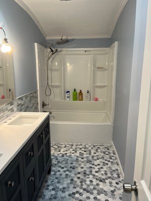 bathroom remodel setauket - this bathroom was a total gut to studs, new bathtub/shower , bathtub/shower surround , tile floor, back splash, vanity , recessed medicine cabinets bathroom remodel setauket - this bathroom was a total gut to studs, new bathtub/shower , bathtub/shower surround , tile floor, back splash, vanity , recessed medicine cabinets