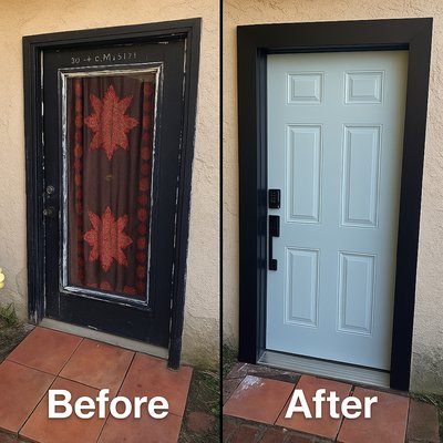 Front Door Replacement - Removed old damaged entry door, rebuilt and squared the frame, installed a new prehung door with modern hardware, sealed the perimeter, and finished the trim for a secure, clean upgrade.
